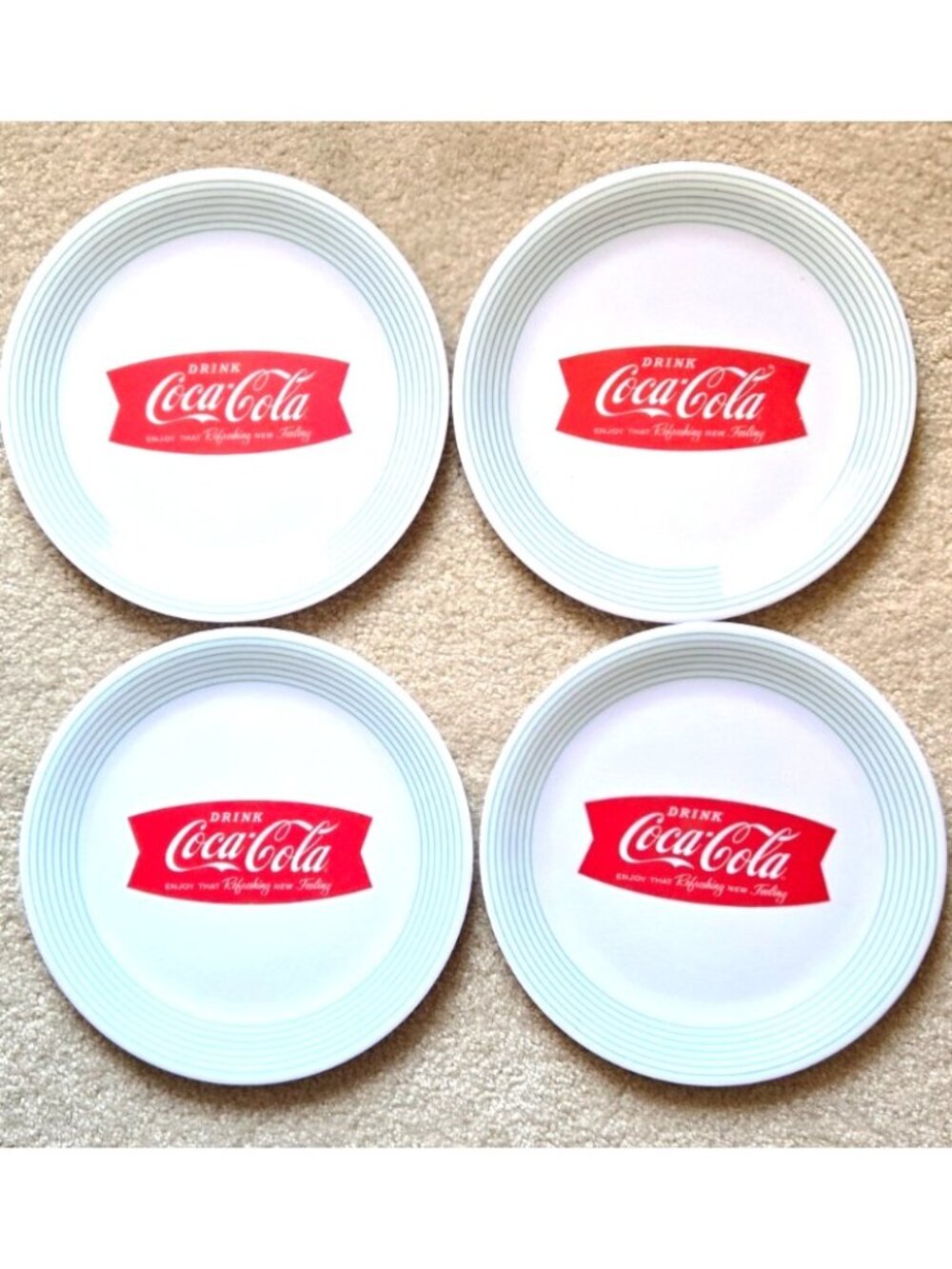 COCO COLA~ 9 in Round Melamine Dessert Plates Set of 4 ~ 7 Green Stripes on Rim
